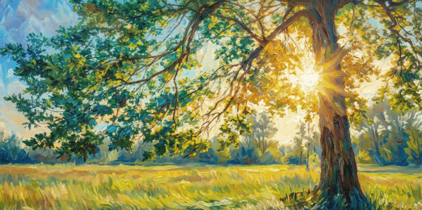 Sunlit tree and open field
